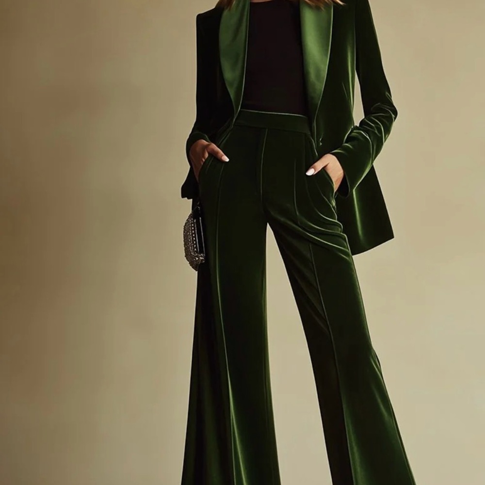 Luxurious Green Velvet Wide Leg Pants